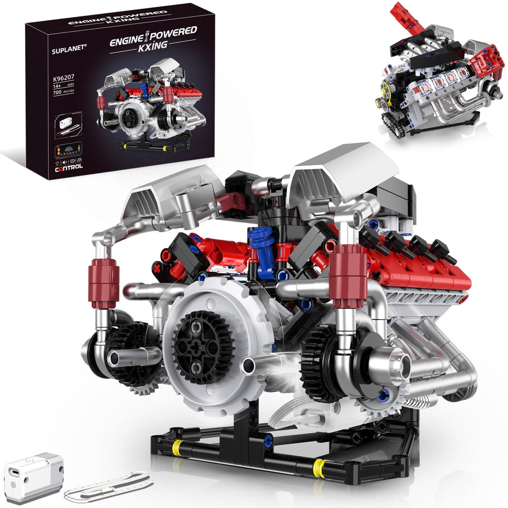 Suplanet V8 Engine Kit with LED interior light highlights pistons for clear observation.