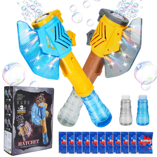 Surecool Bubble Axe Machine in blue-brown blasts vibrant bubbles outdoors.