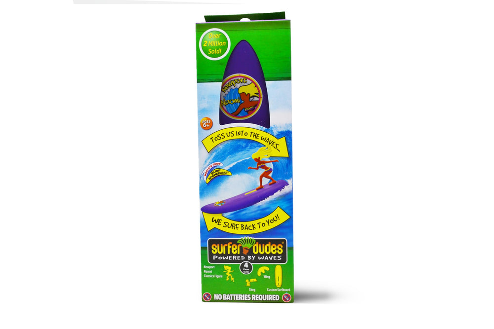 Surfer Dudes classic toy on a surfboard, ready for beachtime fun.