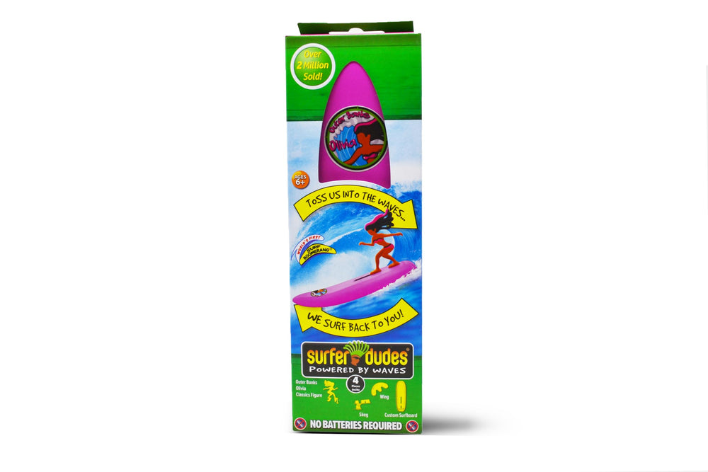 Surfer Dudes Classics wave-powered mini-surfer, ready to toss for spontaneous beach fun.