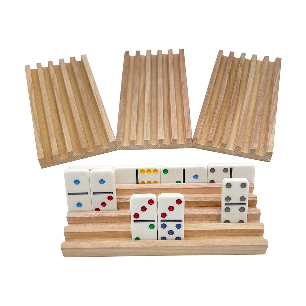 SUTIMSHE natural wood domino racks side view showing sturdy build for long games.
