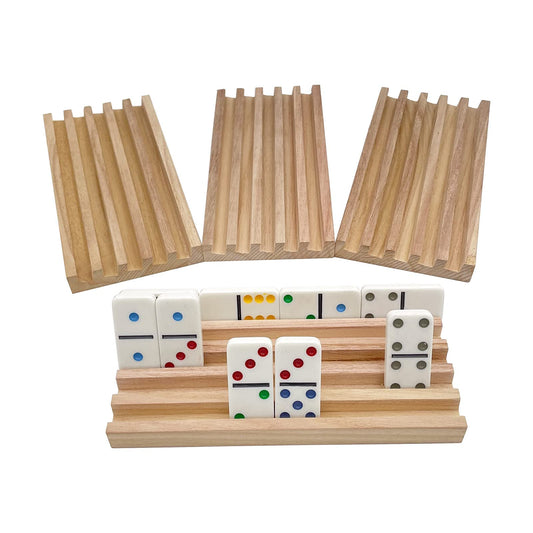 SUTIMSHE natural wood domino racks side view showing sturdy build for long games.