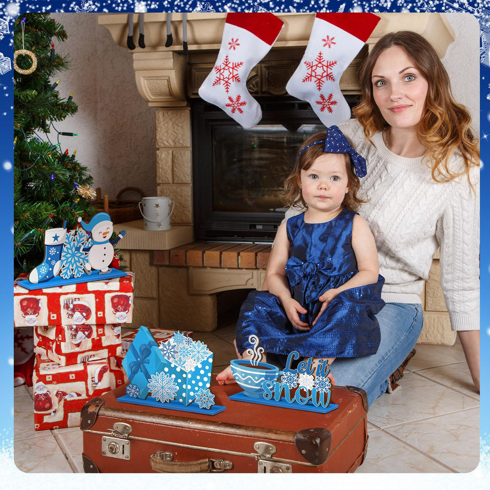 Suzile blue-silver winter theme decor is versatile for mantels, shelves, and tables.
