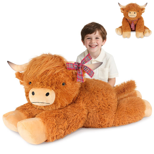 SuzziPals 43-inch Highland cow plush, cozy hugs for home comfort.