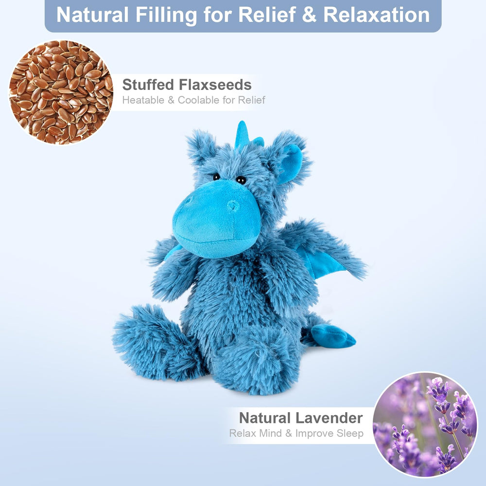SuzziPals dragon plush microwaved heat for calming relaxation.