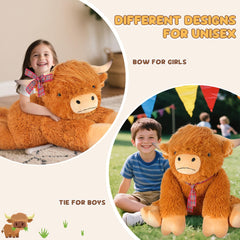 43-inch SuzziPals Highland cow plush shown as a bedtime companion.