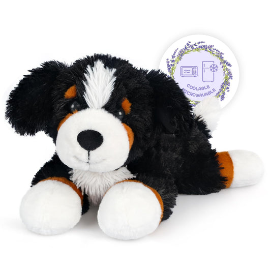 SuzziPals heatable Bernese Mountain Dog plush showing cozy heating feature for soothing warmth