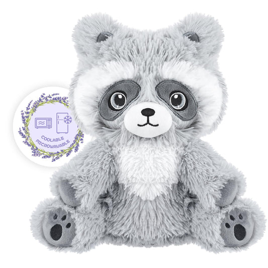 SuzziPals heated raccoon plush face close-up for comforting hugs