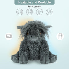 SuzziPals Highland cow heating pad in use, soft warmth for evening routine