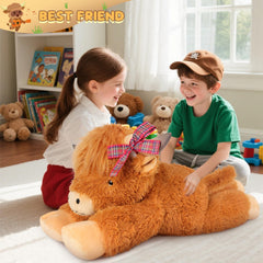 SuzziPals Highland cow plush in a cozy bedroom setting.