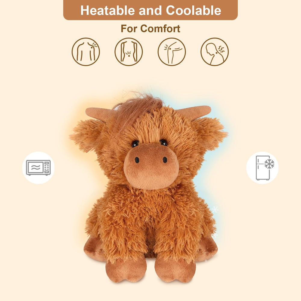 SuzziPals Highland Cow plush provides moist heat therapy
