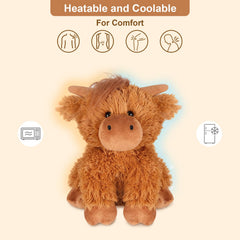 SuzziPals Highland Cow plush provides moist heat therapy
