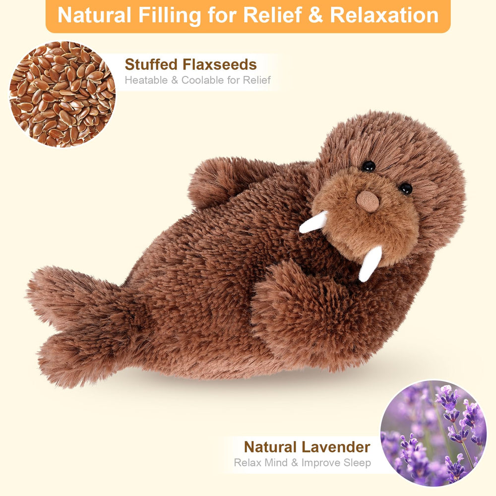 SuzziPals warming walrus lavender scent image emphasizes calming aromatherapy.
