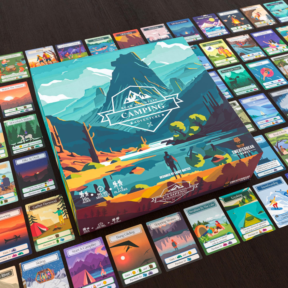 SweaterBear Games Bear Mountain Camping Adventure tokens and supplies evoke outdoorsy camping prep