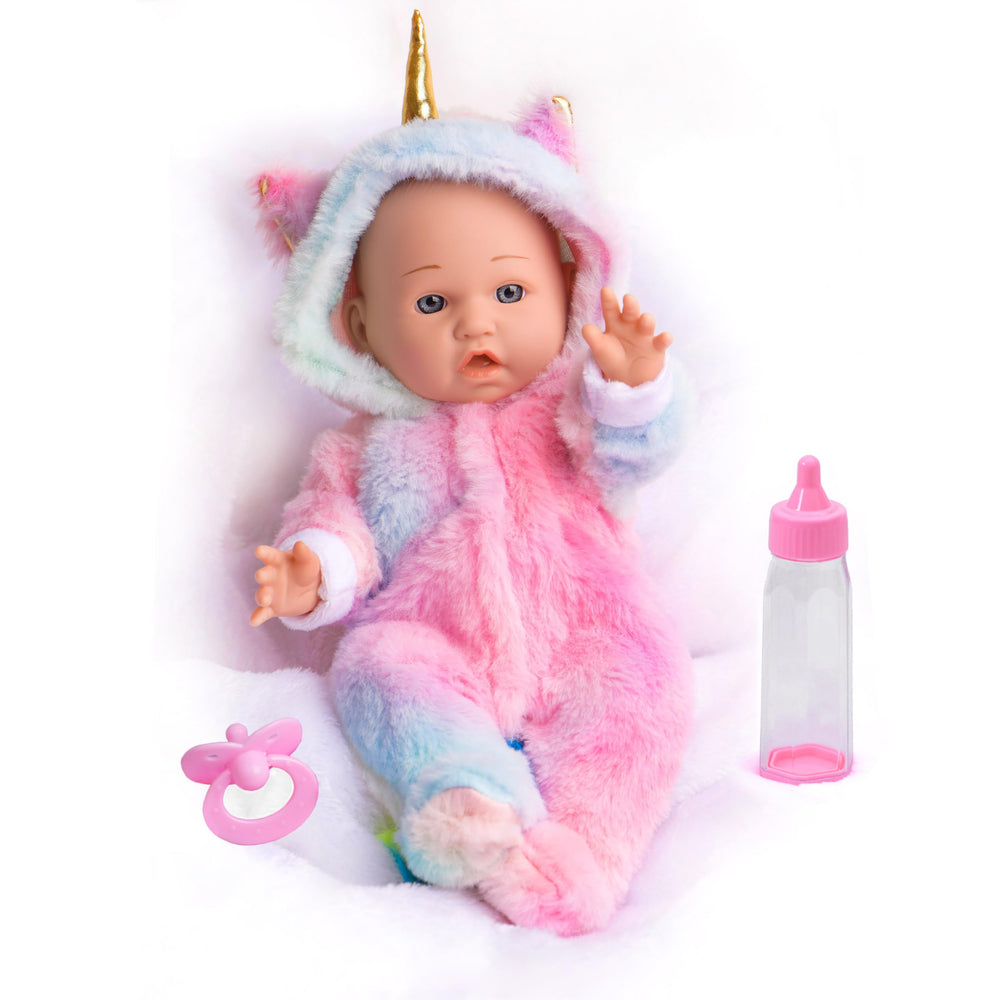 Sweet Dolly 12-inch doll in unicorn onesie ready for imaginative play.