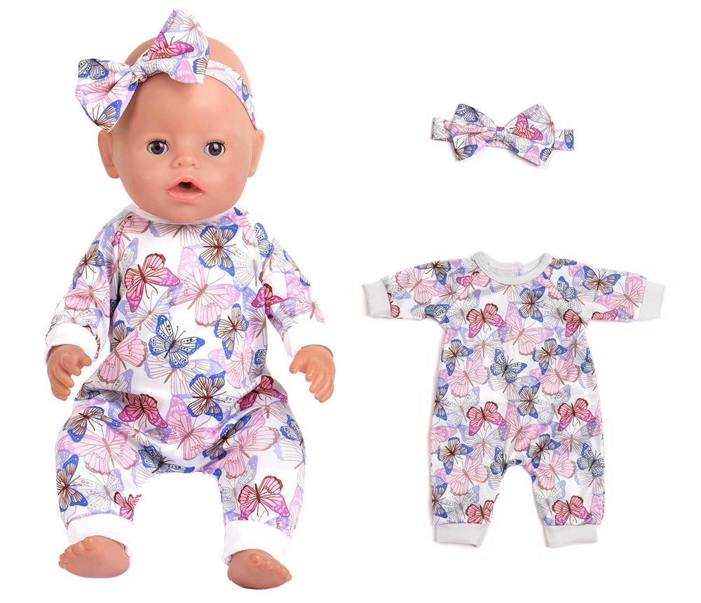 Sweet Dolly flamingo jumpsuit with headband for bright doll outfits