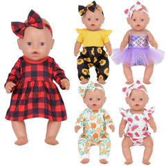 Sweet Dolly plaid dress with bow headband for 15-18 inch dolls, easy daily play outfit.