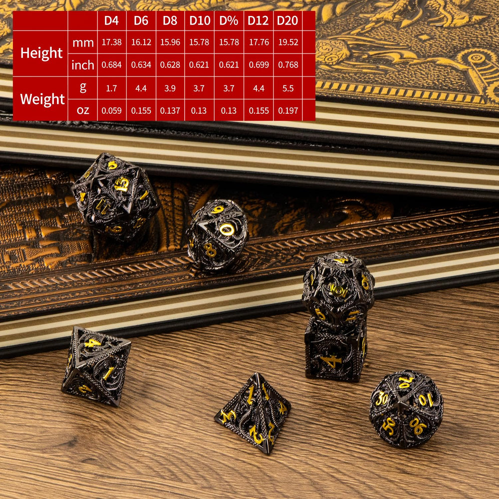 SWeien wooden display box for seven-piece dice set.