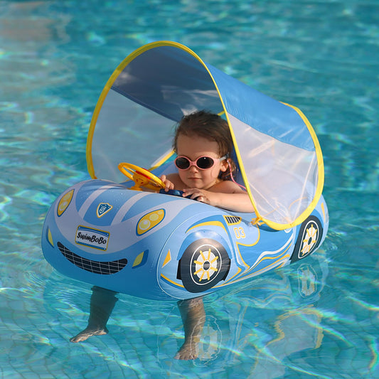 Swimbobo toddler pool float with blue sports car body boosts visibility and buoyant support.