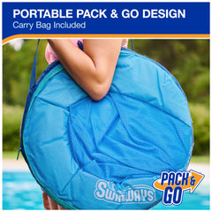 SwimWays premium hammock folds flat into three circles for simple storage and travel.