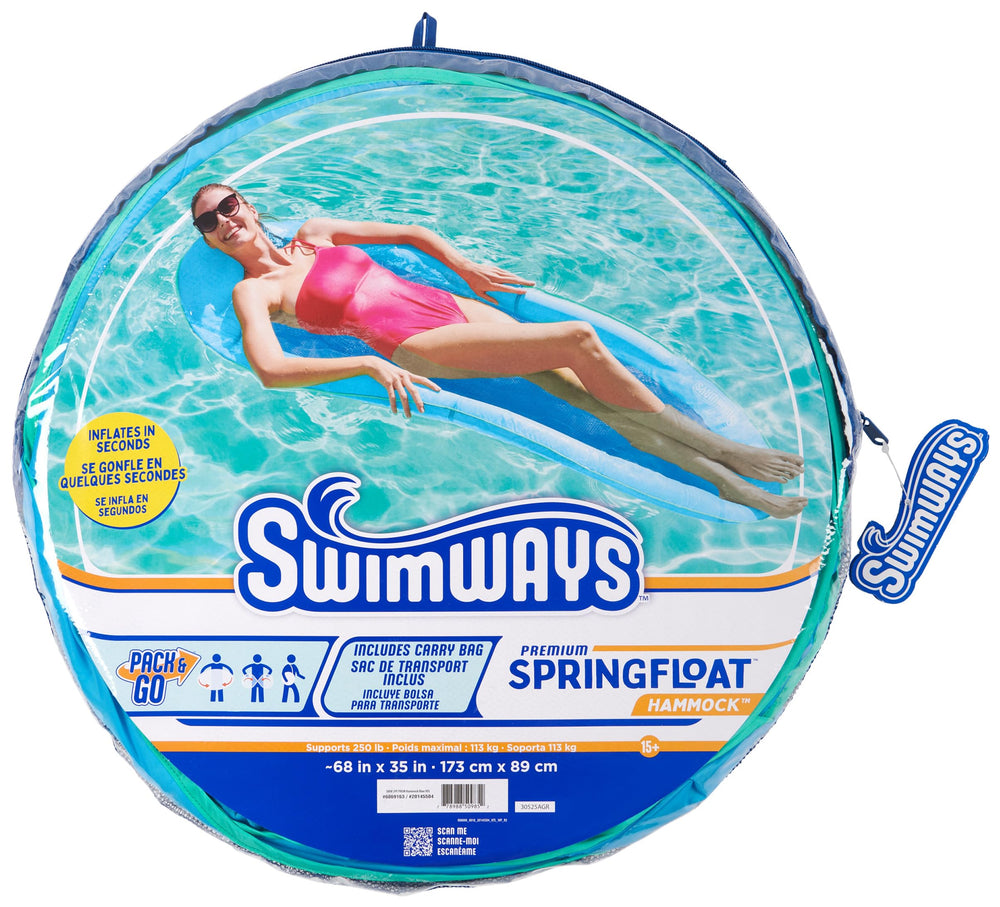 SwimWays pool lounger measures 68x35x6 inches and supports up to 250 lbs.