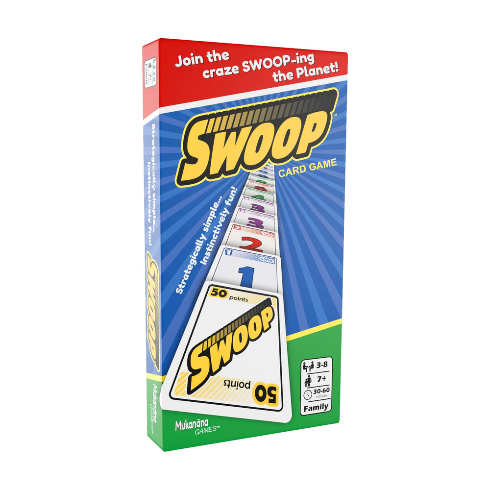 SWOOP Card Game box shows three colorful decks for family gameplay.