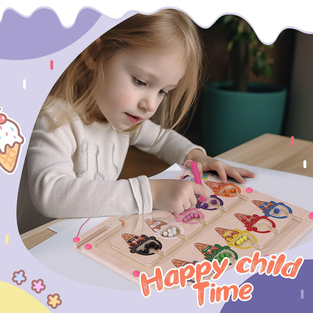 Syahro wooden maze board highlights sturdy construction and child-safe water-based paint.