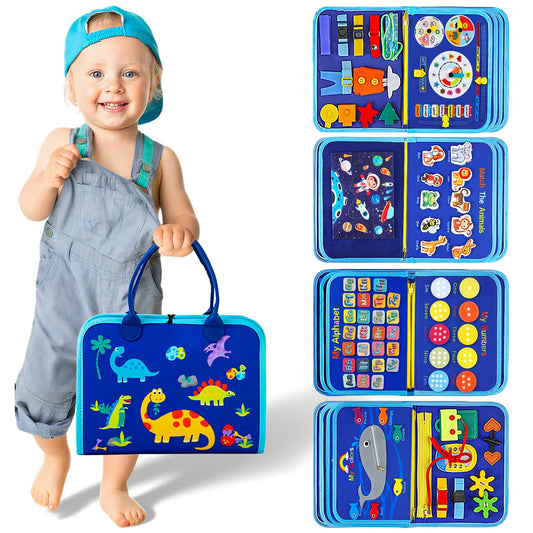 SYHLN Toddler Busy Board front cover view with colorful dinosaur design and learning zones