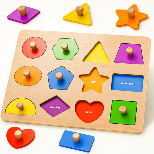 SYHLN wooden shape peg puzzle board with colorful shapes for early recognition
