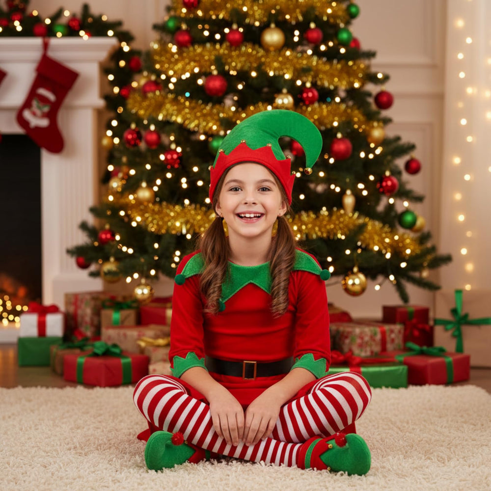 Syhood striped stockings provide a cozy, classic elf touch