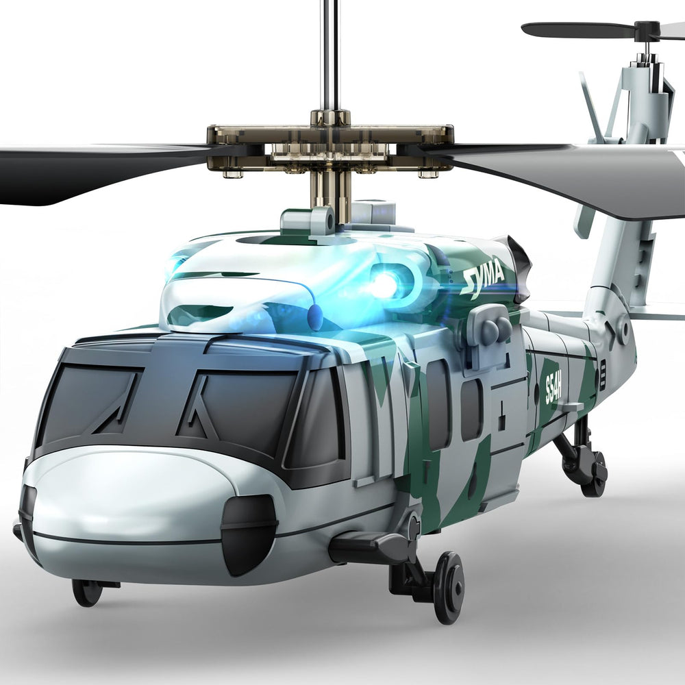 SYMA S54H helicopter front view highlights realistic military design for adventurous play.