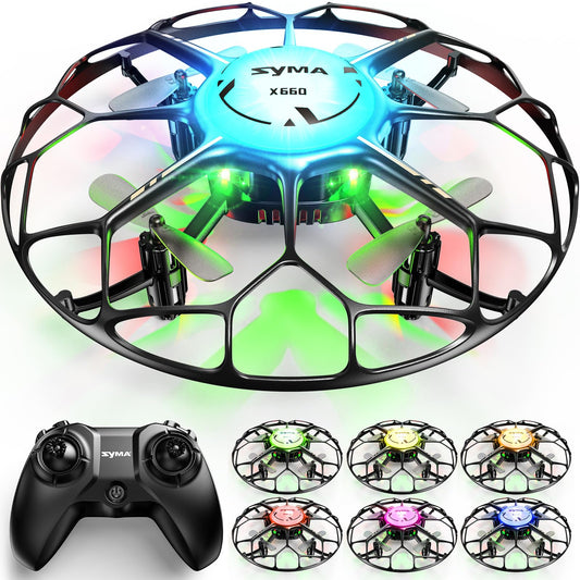 SYMA X660 LED light show front view for safe indoor flying and visual appeal.