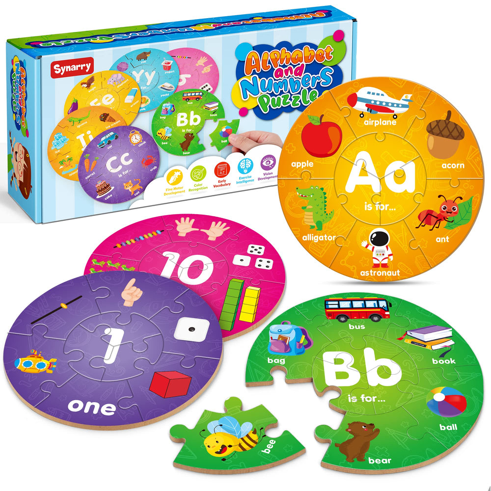 SYNARRY Alphabet and Number Puzzles in a box, ideal for storage and gifting.