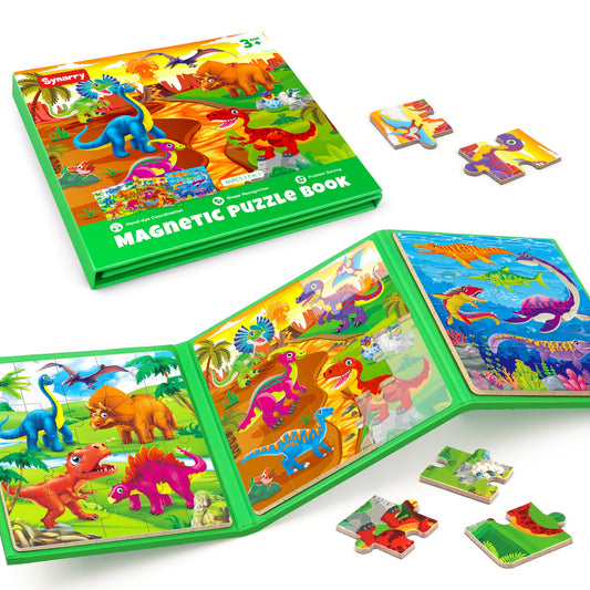 Synarry dinosaur puzzles with magnetic three scenes for travel play.