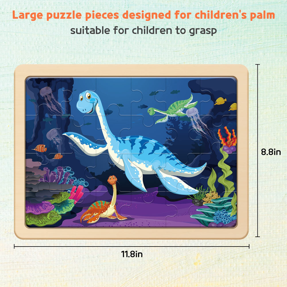 SYNARRY four-pack dinosaur puzzles stacked to showcase thicker wooden design.