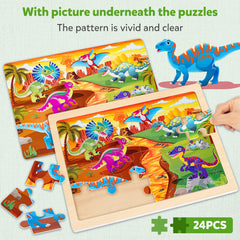SYNARRY four-scene dinosaur puzzle box showcases valley, volcano, grassland, and ocean.