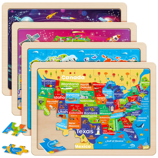 SYNARRY large wooden puzzle gift box with four space-themed sets for kids