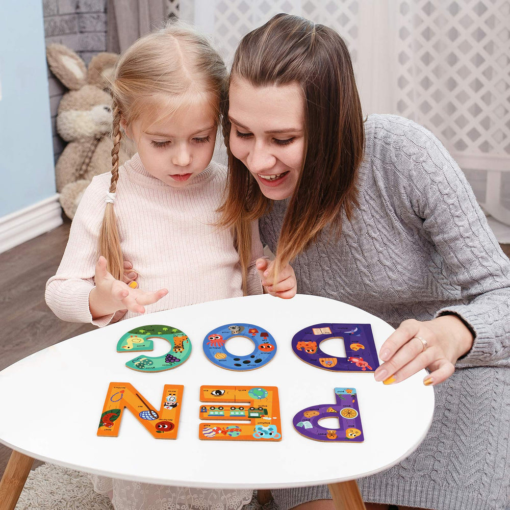 Synarry Montessori-inspired ABC puzzle features durable wooden pieces.