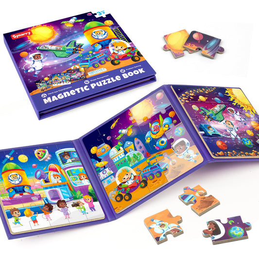 SYNARRY Space Puzzles box front with magnetic pieces for travel-friendly play.