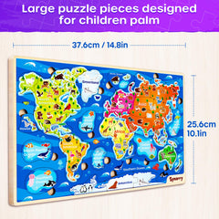 SYNARRY US World Puzzles child playing with cheerful, safe wooden pieces.