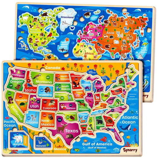 SYNARRY US World Puzzles wooden front view shows durable colorful pieces for learning.