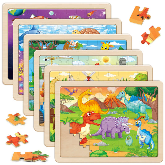SYNARRY wooden puzzles six-pack with 60 pieces for kids, colorful and durable.