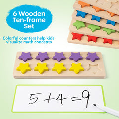 SYNARRY wooden ten-frame counters in bright colors for addition and subtraction practice.