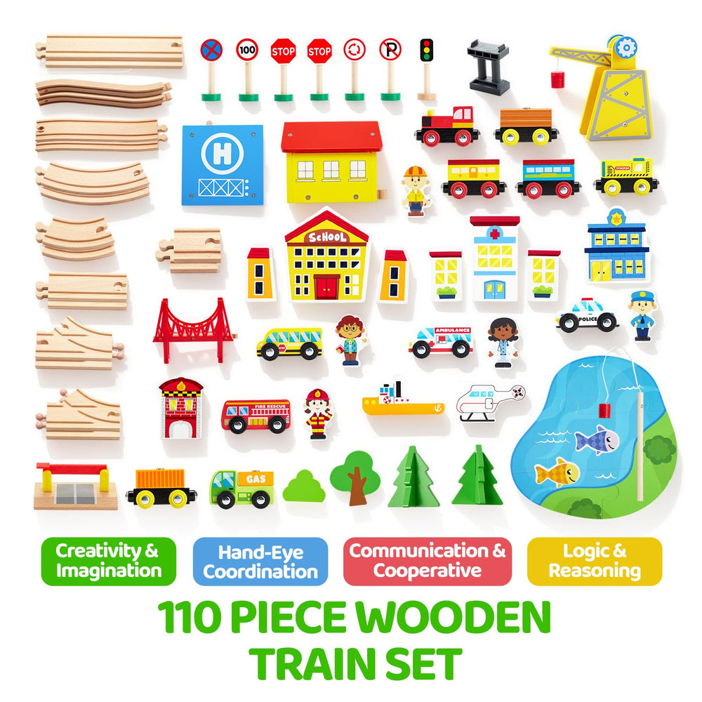 SYNCFUN 110PCS wooden train set city scene – seven themes spark imaginative storytelling