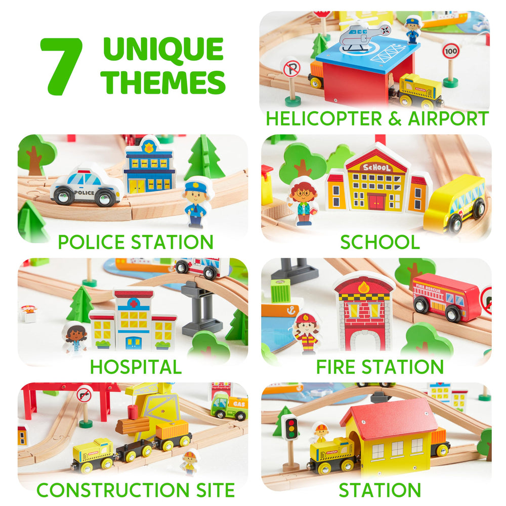 SYNCFUN 110PCS wooden train set fire-station – firefighter scenes encourage teamwork and planning