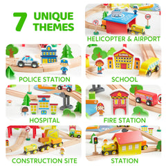 SYNCFUN 110PCS wooden train set fire-station – firefighter scenes encourage teamwork and planning