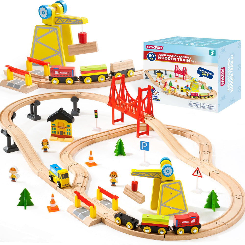 SYNCFUN 60-piece wooden train set assembled for creative family play.