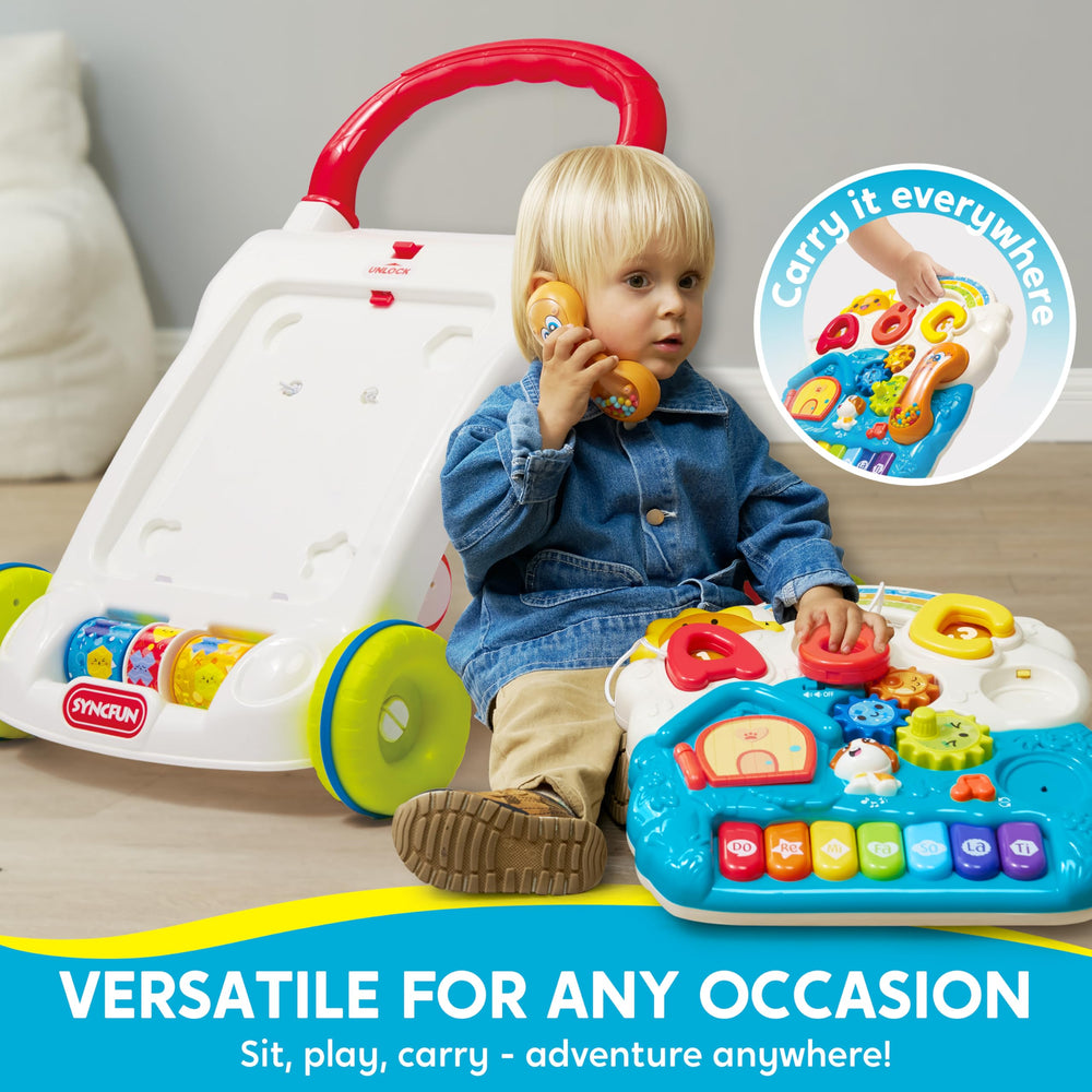 SYNCFUN walker detachable panel shows versatile play options on floor.