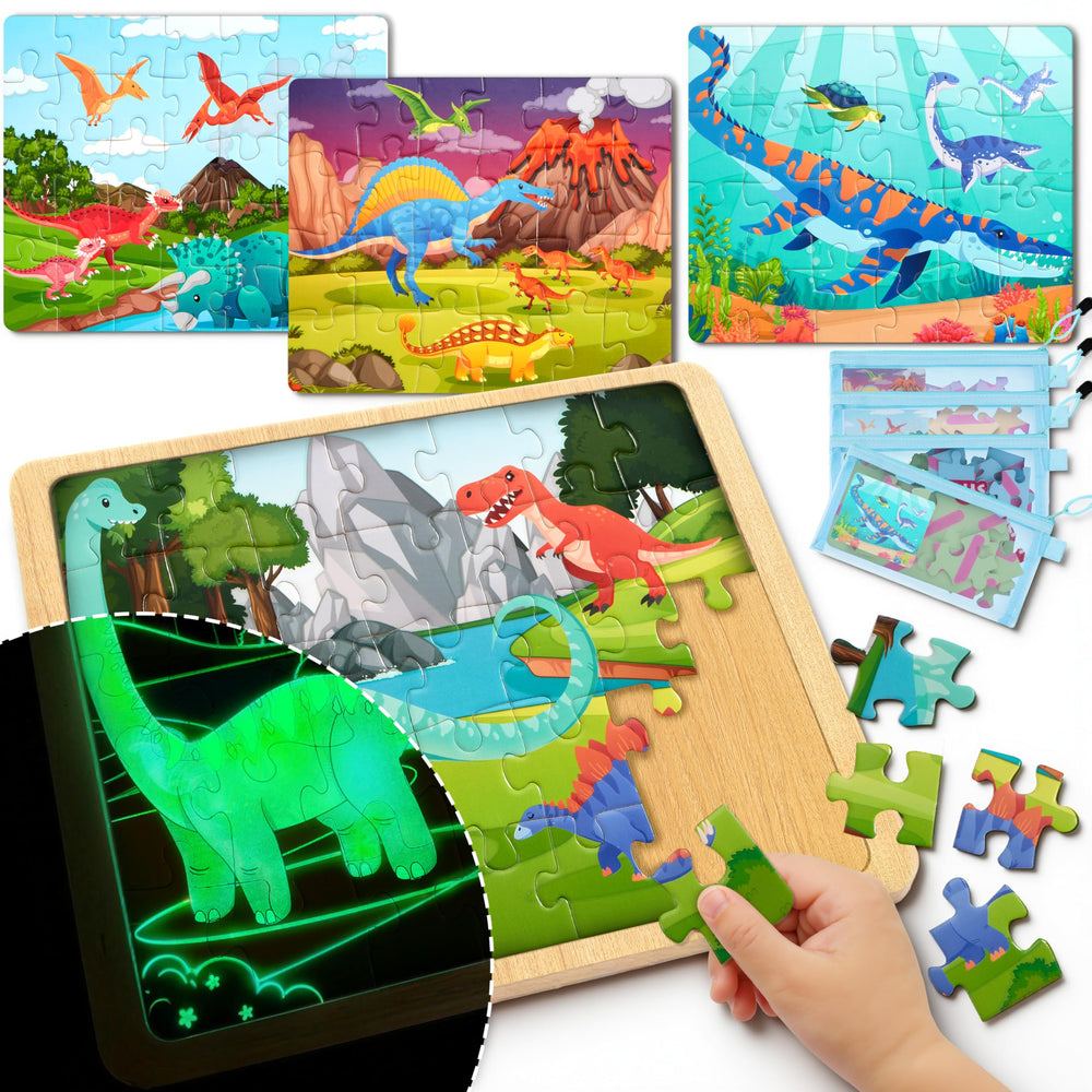 SYNCFUN 4-in-1 dinosaur puzzle box showing four colorful scenes for imaginative play.