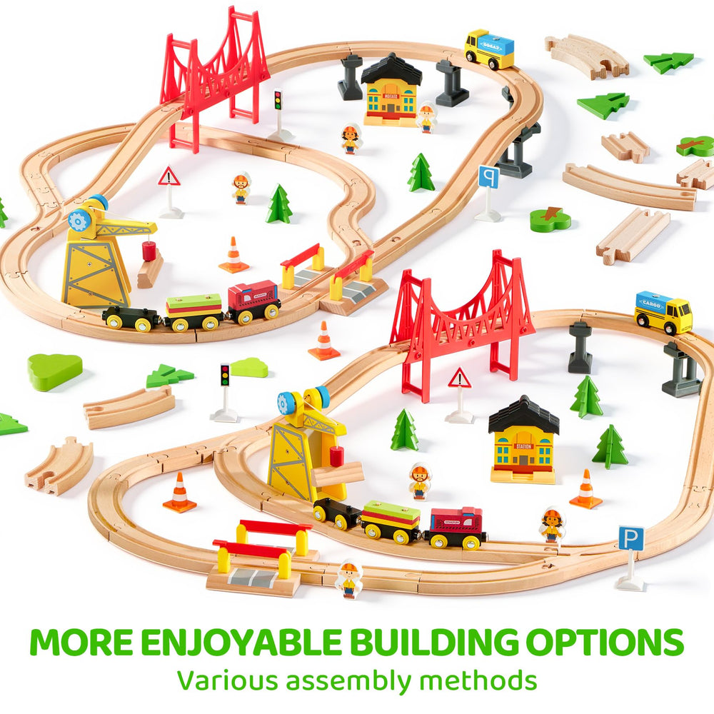 SYNCFUN magnetic trains glide on wooden tracks for imaginative storytelling.